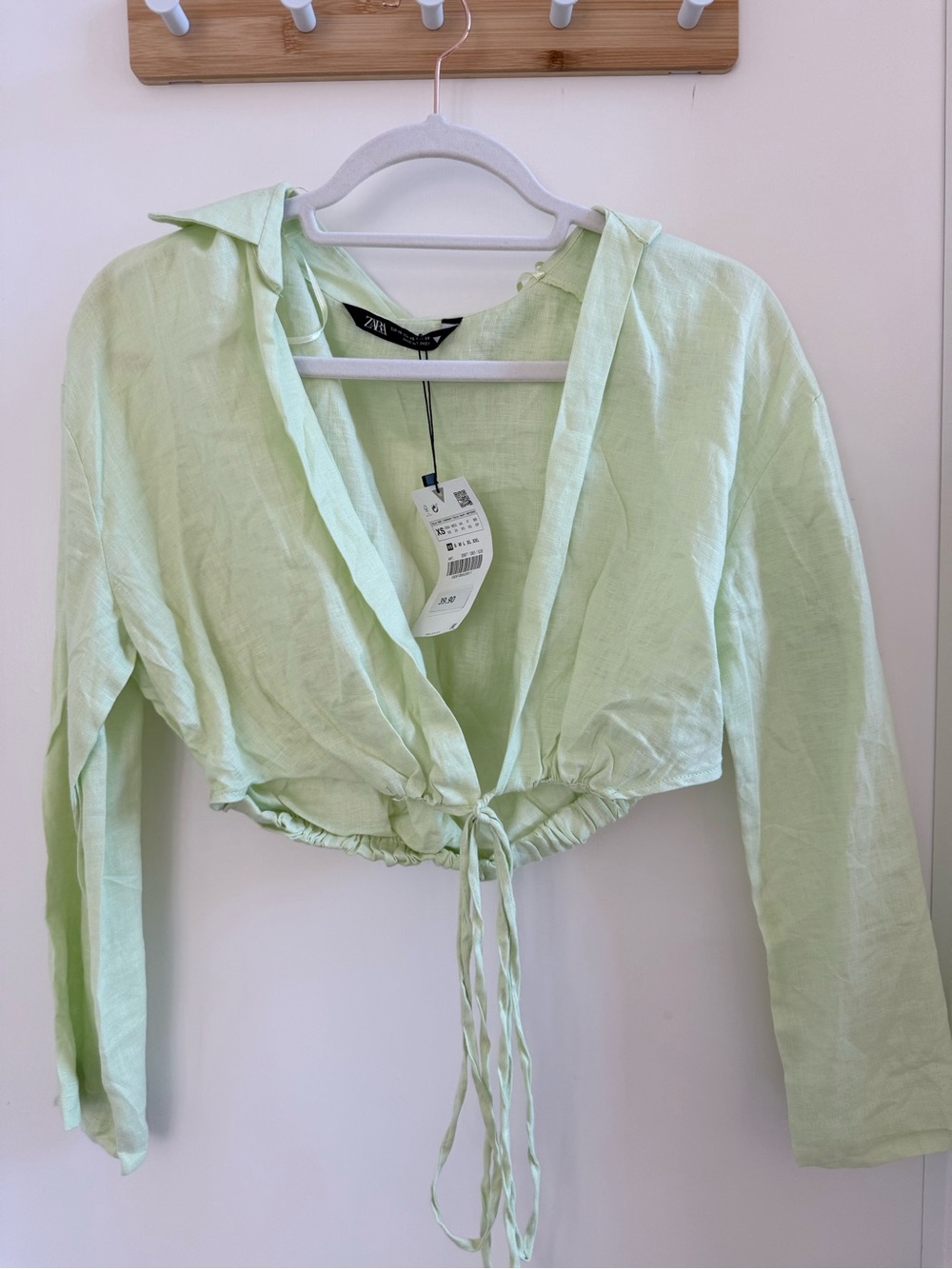ZARA Pale Mint Drawstring Tie-Front Cropped Blouse